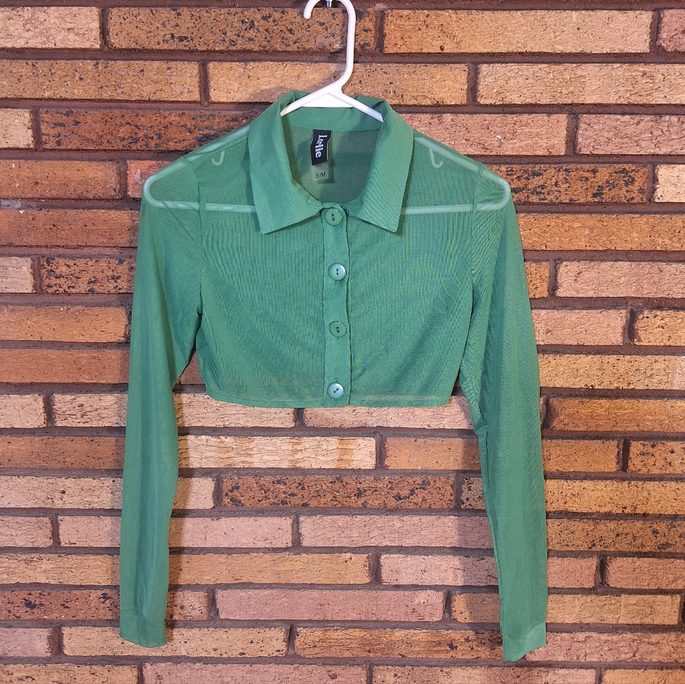 Lorlie S/M Bright Green Mesh Cropped Button Down Shirt